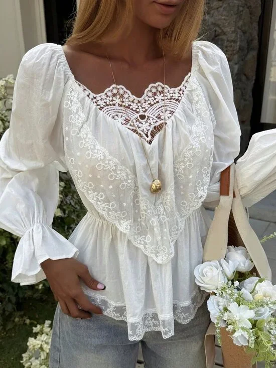 White Casual Women's Cotton Lace Patchwork Beach Vacation Shirt - Picture 3 of 7